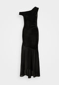 Schwarzes Samtkleid mit asymmetrischem Ein-Schulter-Design, tailliertem Oberteil und fließendem Chiffonrock mit gerafftem Akzent.