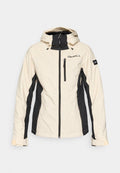 Cremfarbener und schwarzer Jacket mit strukturiertem Muster, Frontreißverschluss und verstellbarem Kapuze. Enthält drei Reißverschlusstaschen und verstärkte Ärmelbündchen.