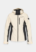 Cremfarbener und schwarzer Jacket mit strukturiertem Muster, Frontreißverschluss und verstellbarem Kapuze. Enthält drei Reißverschlusstaschen und verstärkte Ärmelbündchen.