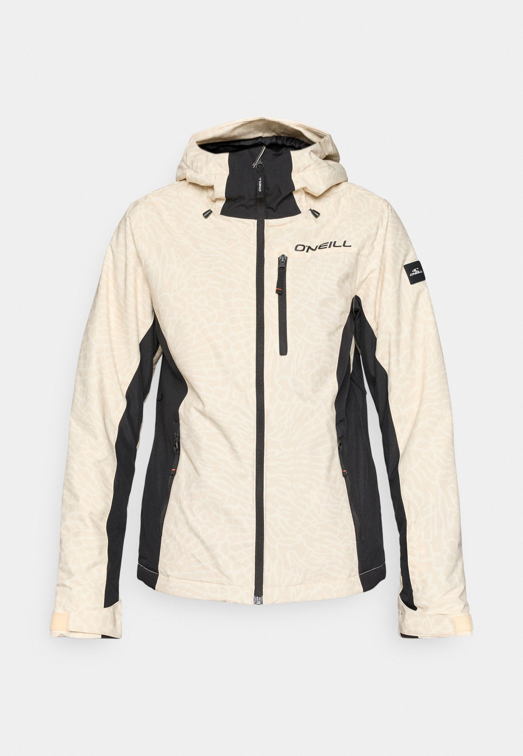 Cremfarbener und schwarzer Jacket mit strukturiertem Muster, Frontreißverschluss und verstellbarem Kapuze. Enthält drei Reißverschlusstaschen und verstärkte Ärmelbündchen.
