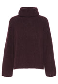 Burgunderfarbener Strickpullover mit hohem, umgeschlagenem Kragen. Verfügt über ein strukturiertes Rippmuster und weite Ärmel; aus weichem, warmem Material gefertigt.