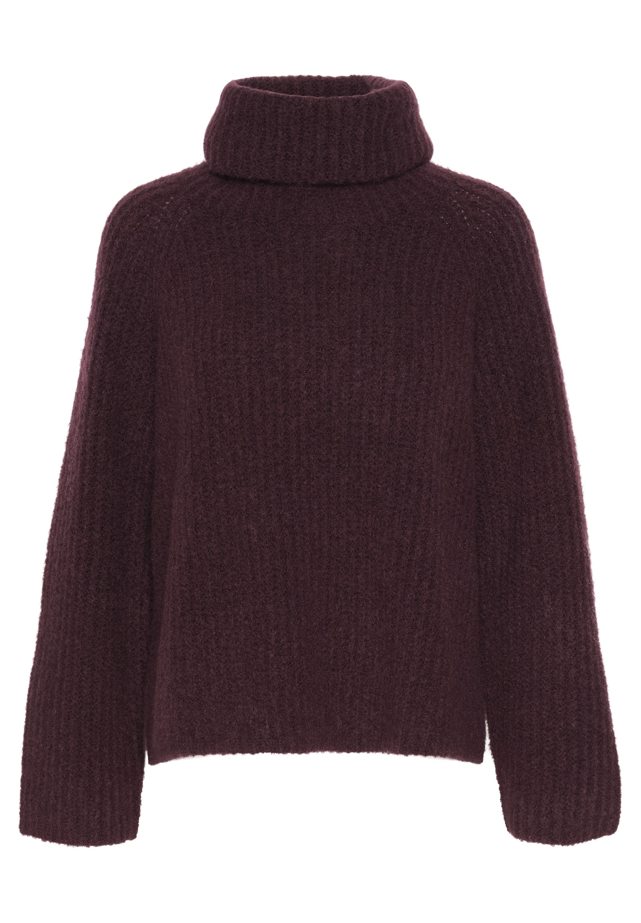 Burgunderfarbener Strickpullover mit hohem, umgeschlagenem Kragen. Verfügt über ein strukturiertes Rippmuster und weite Ärmel; aus weichem, warmem Material gefertigt.