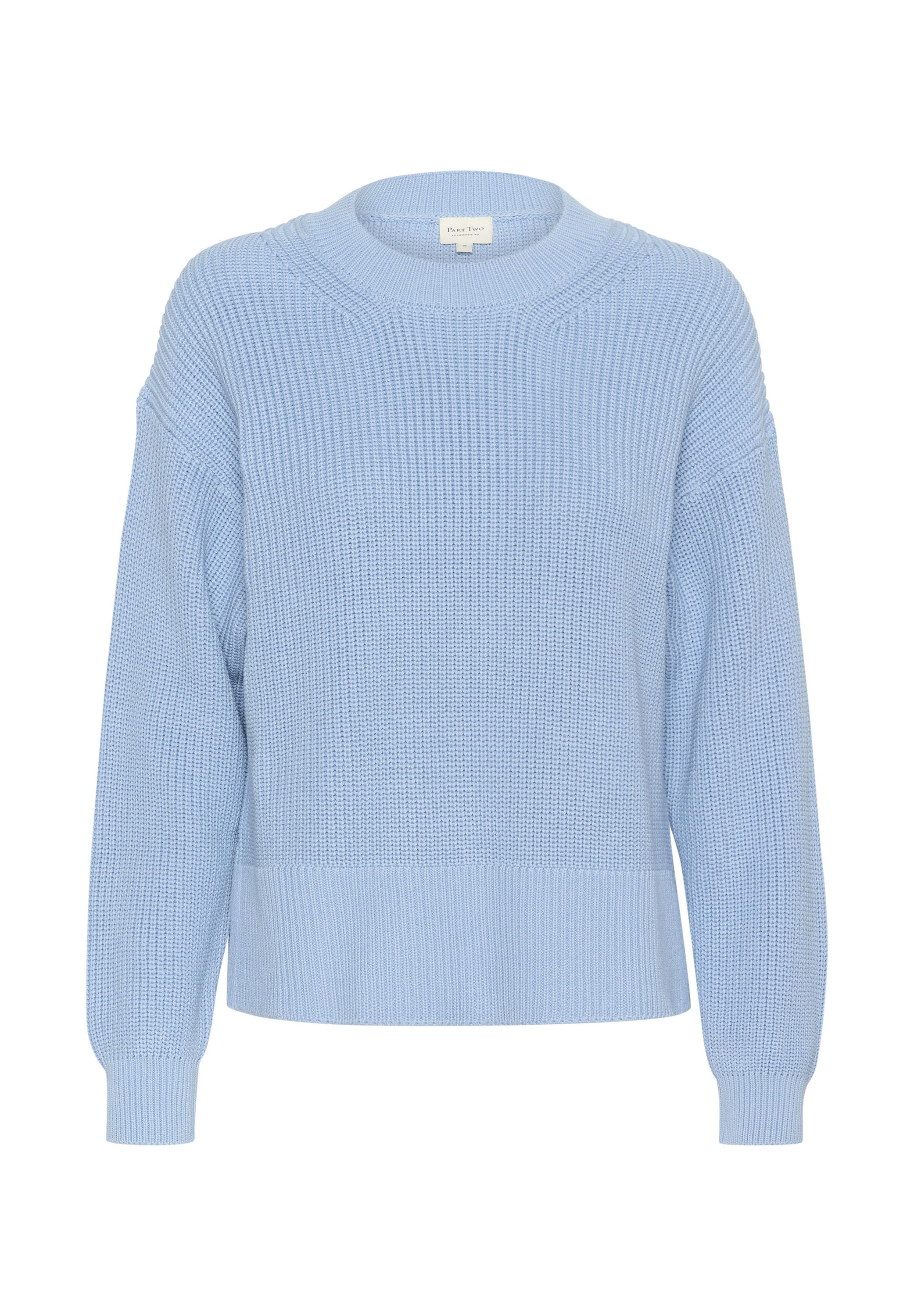 Blauer gestrickter Pullover mit rundem Ausschnitt, abgesenkten Schultern und gerippten Säumen. Verfügt über ein strukturiertes Muster und lange Ärmel.