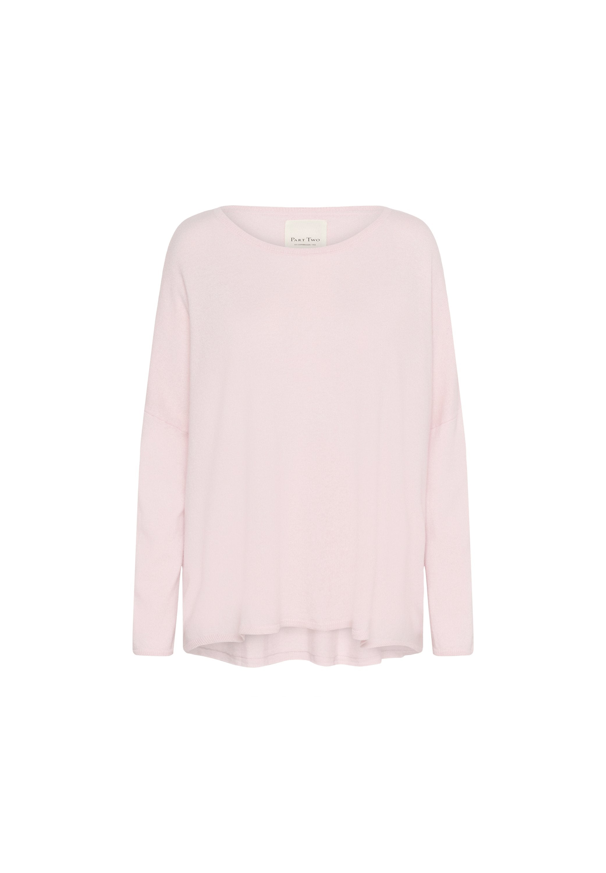 Helles rosa Langarmpullover aus weichem Material. Mit rundem Halsauschnitt, überschnittenen Schultern und lockerem Sitz. Glatte Textur.