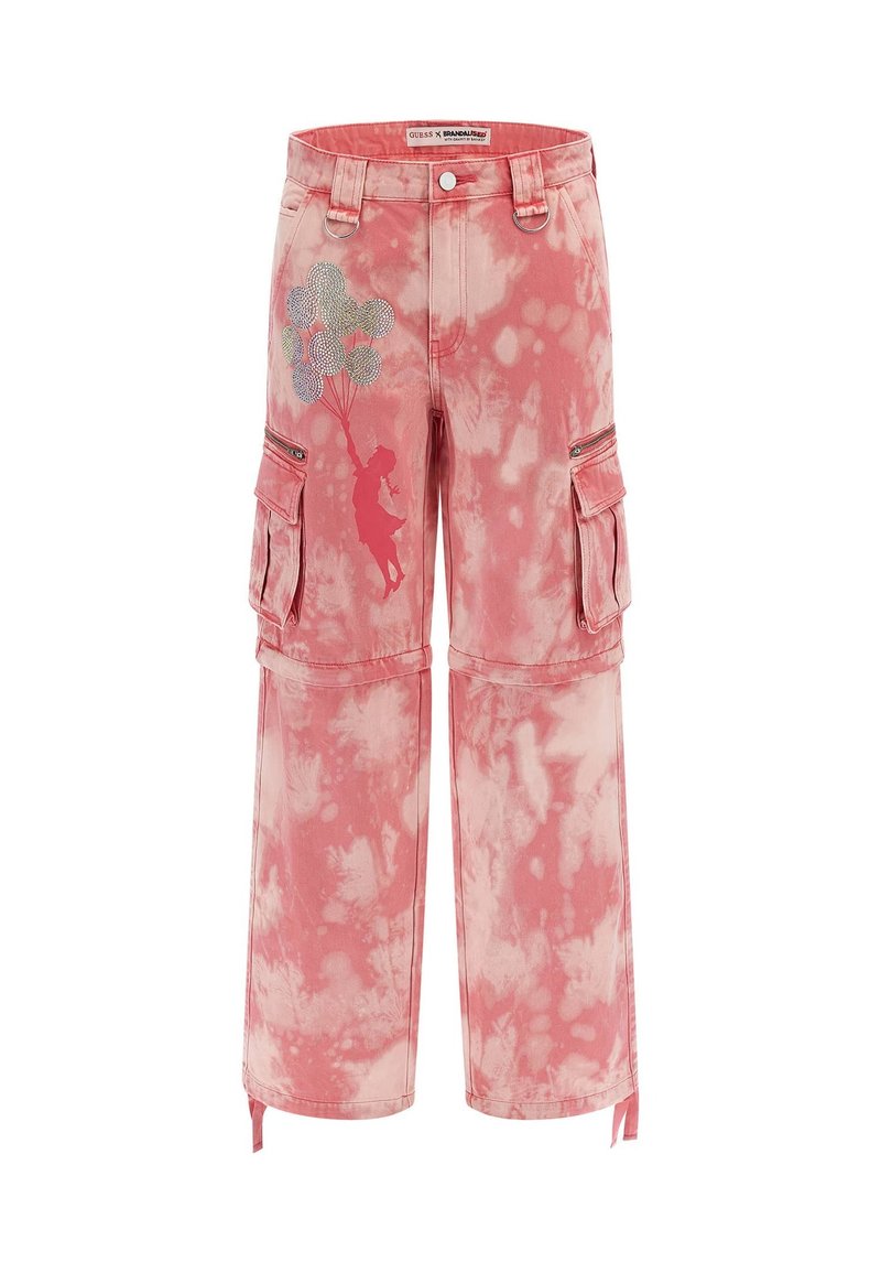 Rosa Batik Cargo-Hosen mit Seitentaschen, einer Silhouette eines Kindes mit Ballons und Strassverzierungen im Design.