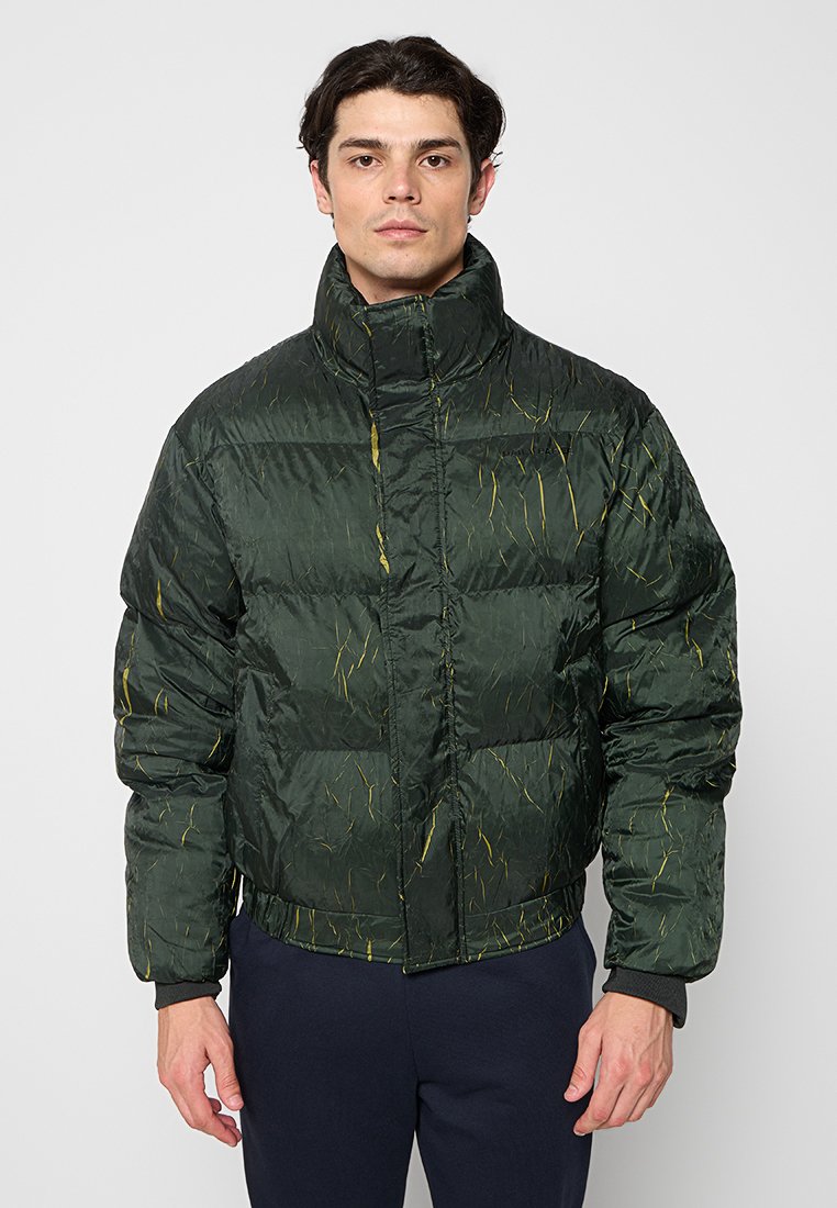 Grüne Daunenjacke mit hohem Kragen, glänzender Oberfläche, gestepptem Design und abstrakten gelben Streifen. Entwickelt für Wärme und Komfort.