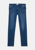 Dunkelblaue Jeans aus Denim mit Slim Fit. Verfügt über ein Fünf-Taschen-Design, Knopfverschluss und dezente Ausbleichungen im Stoff.