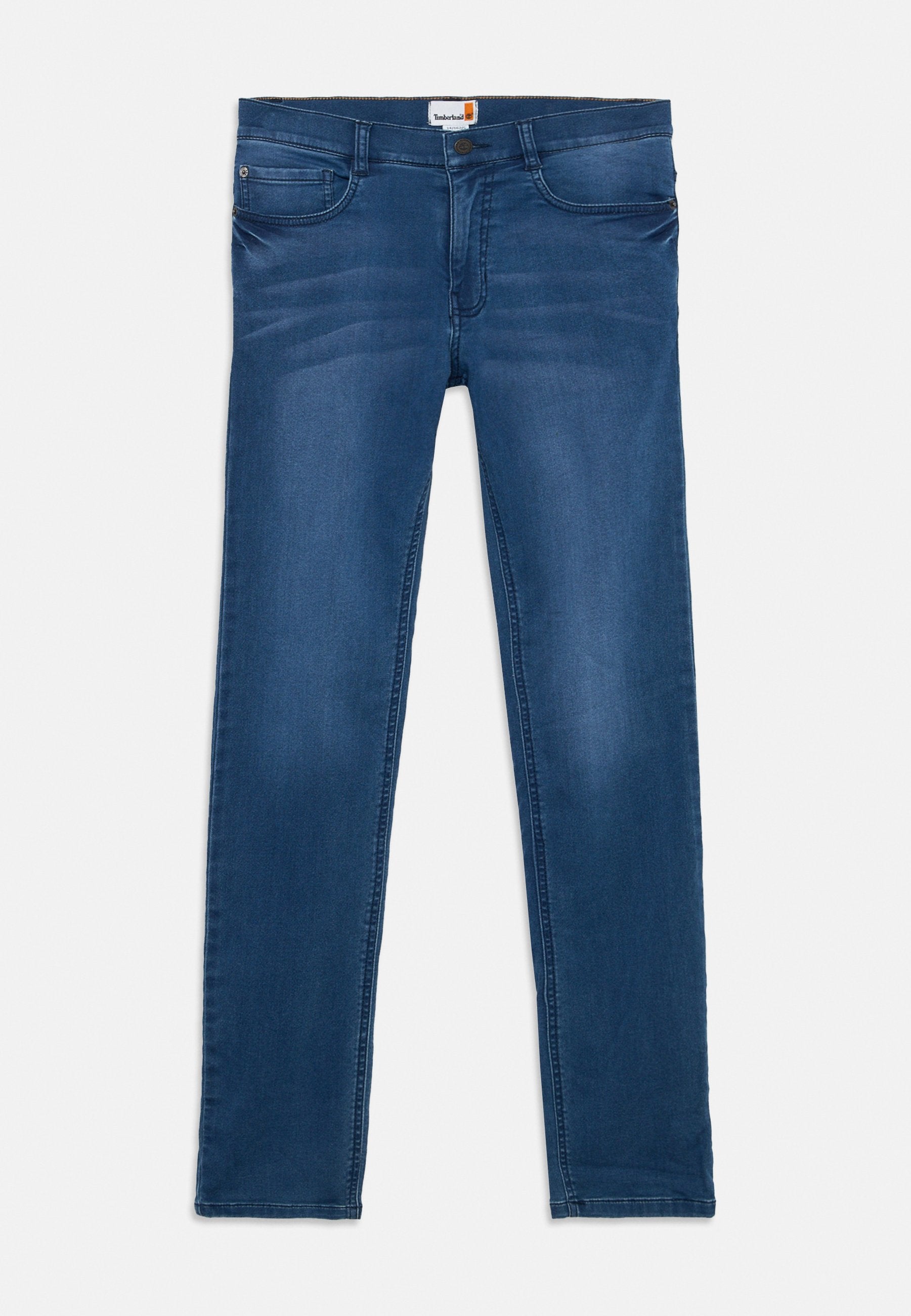 Dunkelblaue Jeans aus Denim mit Slim Fit. Verfügt über ein Fünf-Taschen-Design, Knopfverschluss und dezente Ausbleichungen im Stoff.