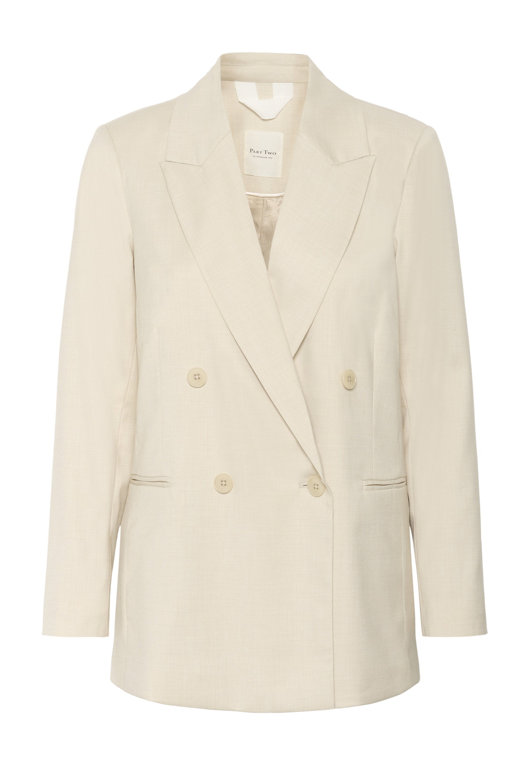 Beige, zweireihiger Blazer mit Reverskragen, zwei aufgesetzten Taschen und crèmefarbenen Knöpfen. Hergestellt aus einem glatten, leichten Stoff.