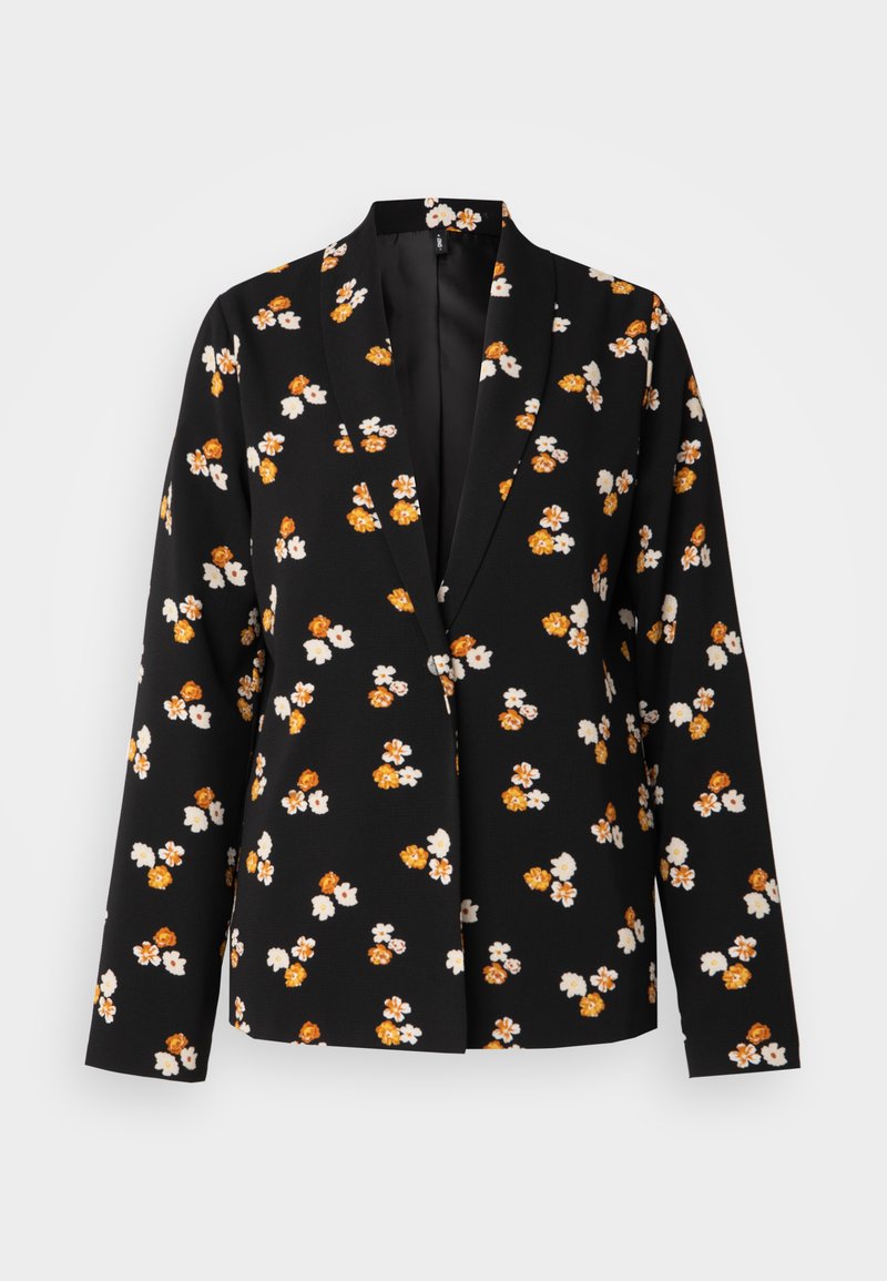 Schwarzes Blazer mit weißem und orangefarbenem Blumenmuster, ausgestattet mit einem Reverskragen, langen Ärmeln und einer lockeren Passform. Glatte Stofftextur.