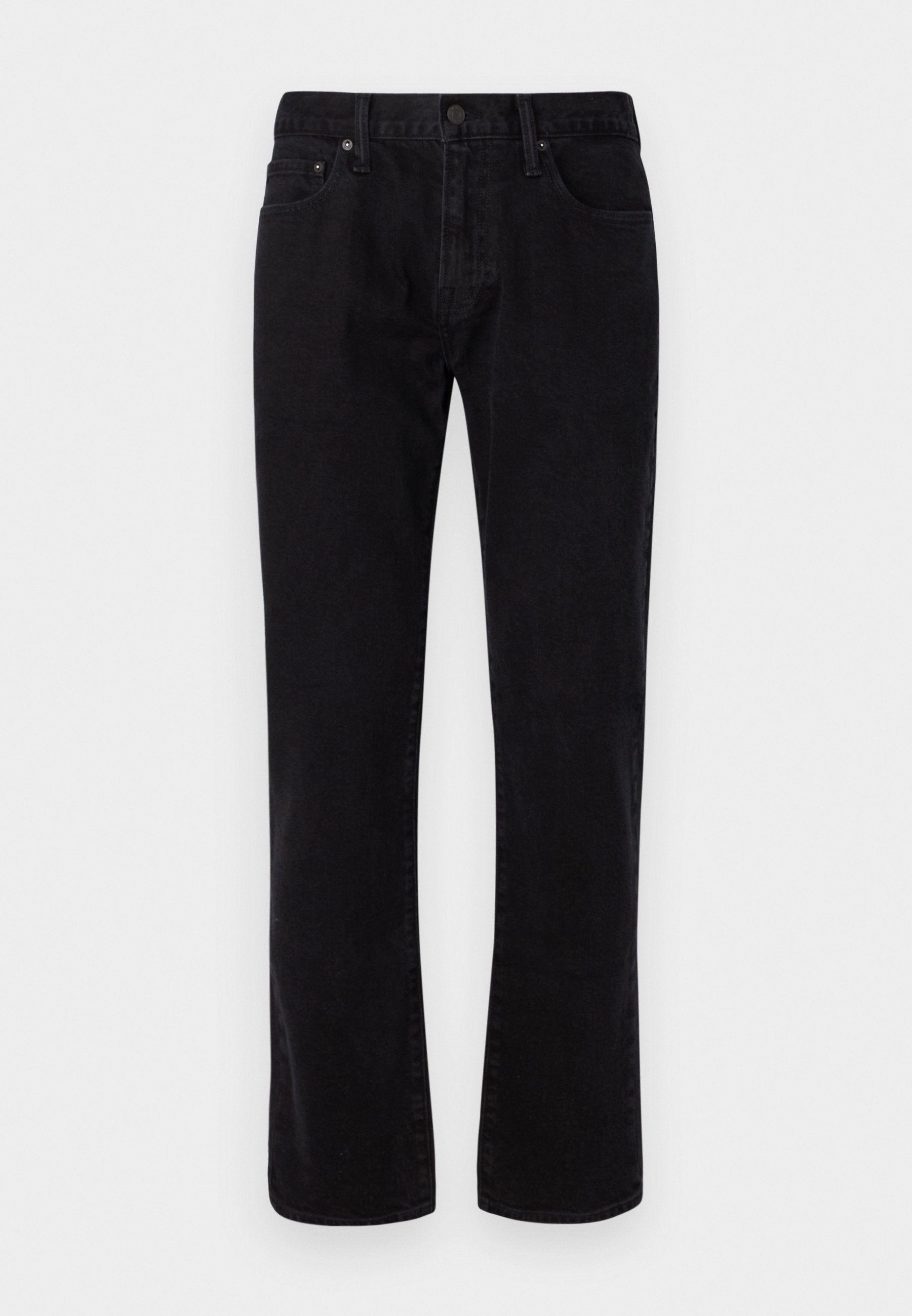 Schwarze Jeans aus Denim mit geradem Bein, ausgestattet mit fünf Taschen, einem Knopfverschluss und subtilen Stickdetails. Glatte Textur.