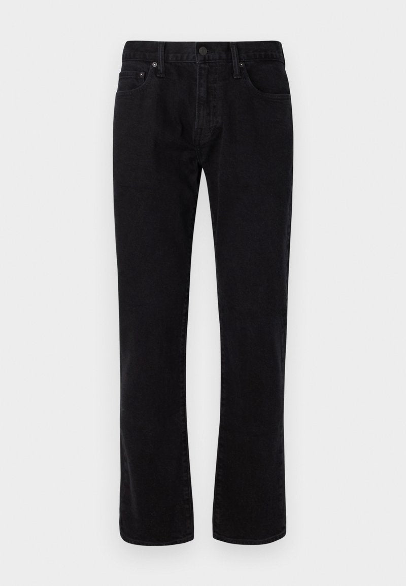 Schwarze Jeans aus Denim mit geradem Bein, ausgestattet mit fünf Taschen, einem Knopfverschluss und subtilen Stickdetails. Glatte Textur.