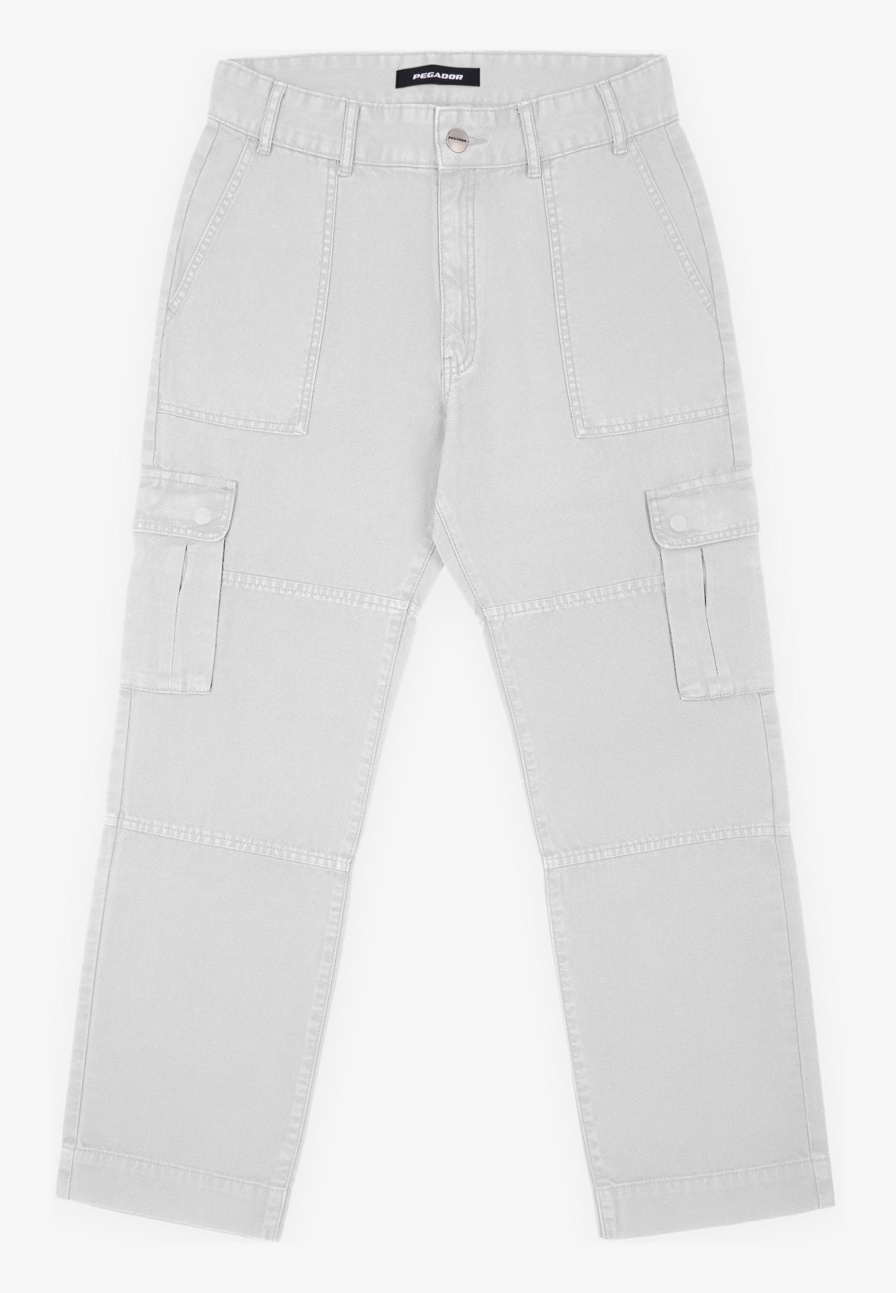 Helle grau Cargo-Hosen aus Baumwolle, mit zwei seitlichen Taschen und einem Knopfverschluss, in geradem Schnitt und sichtbaren Ziernähten.