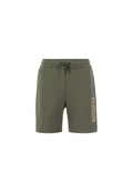 Olivgrüne Shorts aus weichem Stoff mit elastischem Bund und Kordelzug sowie einem seitlichen Logo-Druck in Gold.