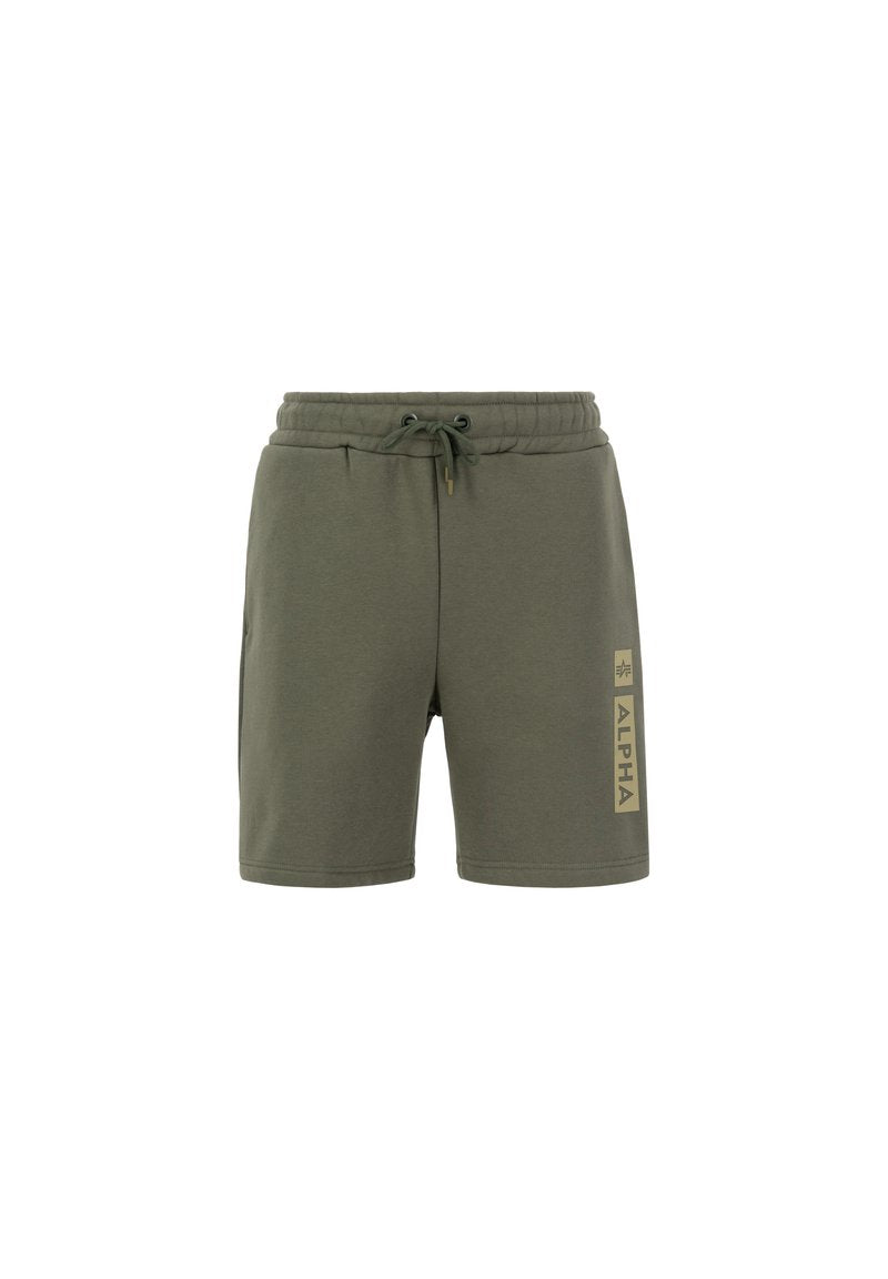Olivgrüne Shorts aus weichem Stoff mit elastischem Bund und Kordelzug sowie einem seitlichen Logo-Druck in Gold.