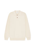 Hellcremefarbener Strick-Polopullover mit strukturiertem Muster, langen Ärmeln und einer Knopfleiste mit drei Knöpfen. Weicher Stoff mit geripptem Saum.