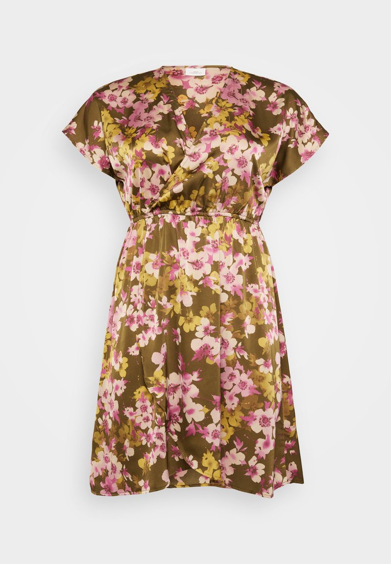 Blumenkleid mit braunem Grund und rosa sowie gelben Blumenmustern, kurzen Ärmeln, einem V-Ausschnitt und einem elastischen Bund für eine lockere Passform.