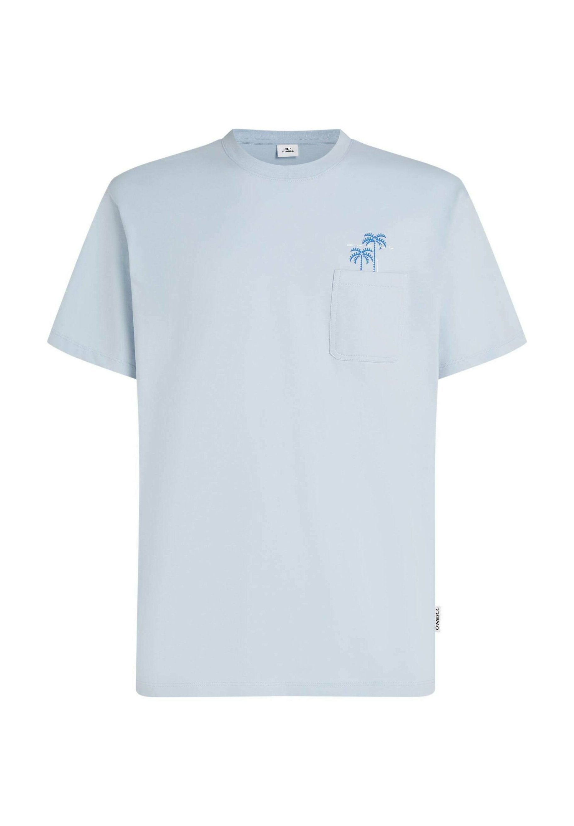Hellblaues Baumwoll-T-Shirt mit kurzen Ärmeln, Rundhalsausschnitt, einer Brusttasche und einem auf der Taschenseite in Blau gestickten Palmen-Design.