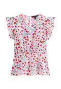 Bluse mit Blumenmuster aus leichtem Stoff, mit kurzen rüschierten Ärmeln, einem V-Ausschnitt und einem elastischen Bund in gemischten Farben von Rosa, Rot und Grün.