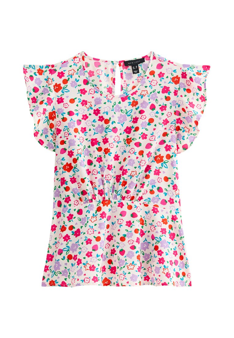 Bluse mit Blumenmuster aus leichtem Stoff, mit kurzen rüschierten Ärmeln, einem V-Ausschnitt und einem elastischen Bund in gemischten Farben von Rosa, Rot und Grün.
