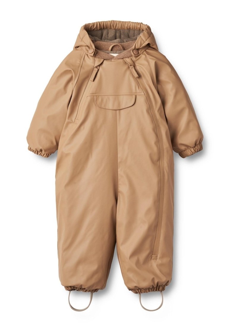 Beige wasserfester Schneeanzug mit Kapuze, elastischen Bündchen und Kordelzug. Verfügt über eine Vordertasche und ein weiches Innenfutter für zusätzliche Wärme.