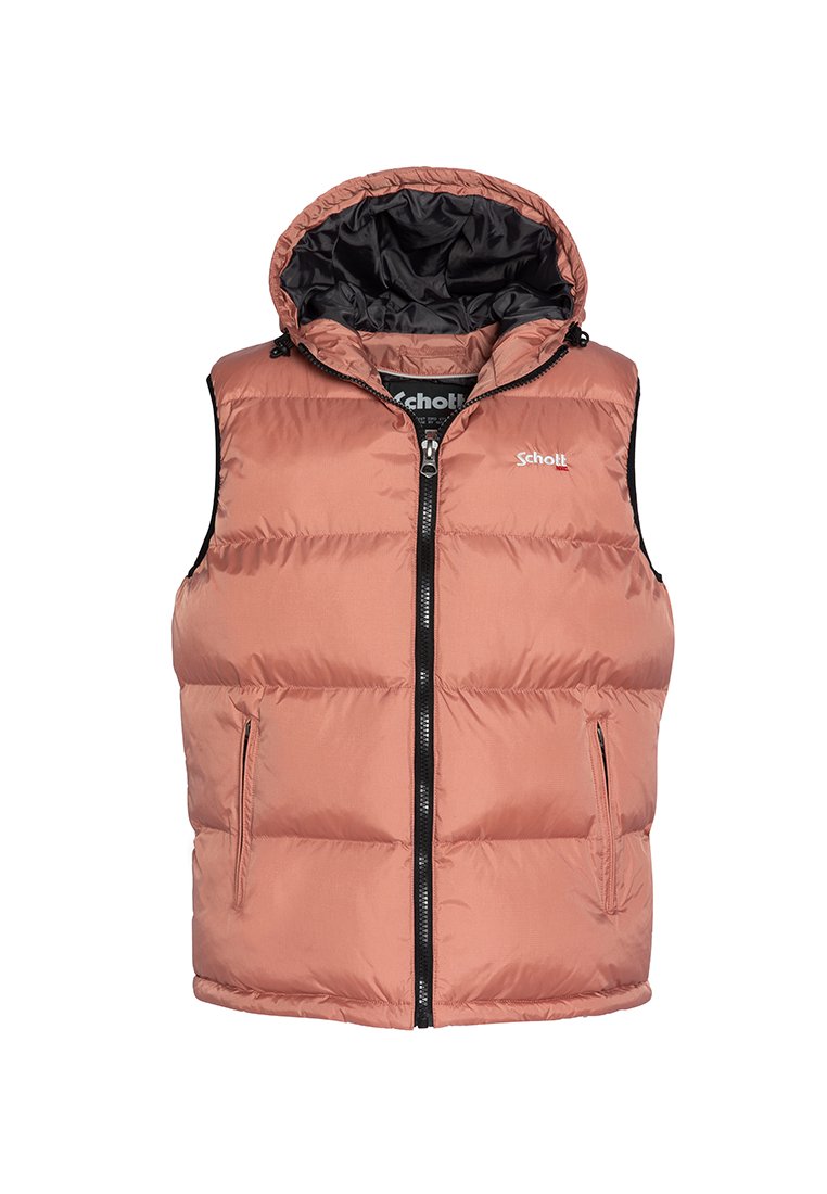 Ärmellose rosa gepolsterte Weste mit schwarzem Reißverschluss, zwei seitlichen Taschen, schwarzem Innenfutter der Kapuze und kleinem weißen Schott-Logo auf der Brust.