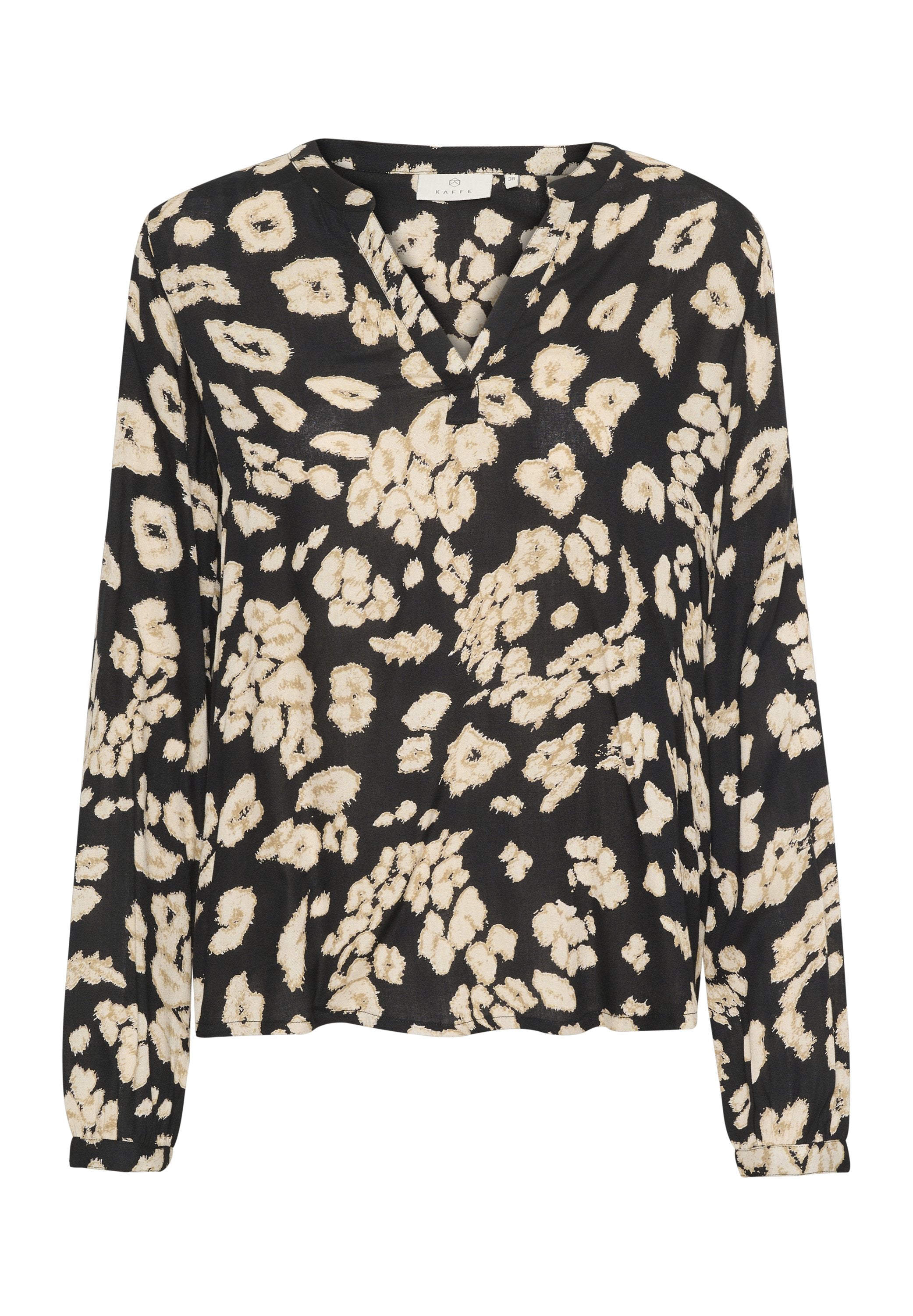 Langärmlige schwarze Bluse mit beigem Blumenmuster, V-Ausschnitt, weichem Stoff, lockerer Passform und gerafften Bündchen.
