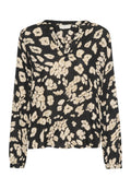 Langärmlige schwarze Bluse mit beigem Blumenmuster, V-Ausschnitt, weichem Stoff, lockerer Passform und gerafften Bündchen.