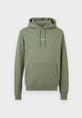 Olivgrüner Hoodie mit Fronttasche, Kordelzugkapuze, Rippbündchen und kleinem weißen "LES DEUX" Schriftzug mittig auf der Brust.