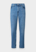 Blaue Denim-Jeans mit geradem Bein-Design, featuring einen klassischen Fünf-Pocket-Stil, einem vorderen Knopfverschluss und subtilen Abriebstellen.
