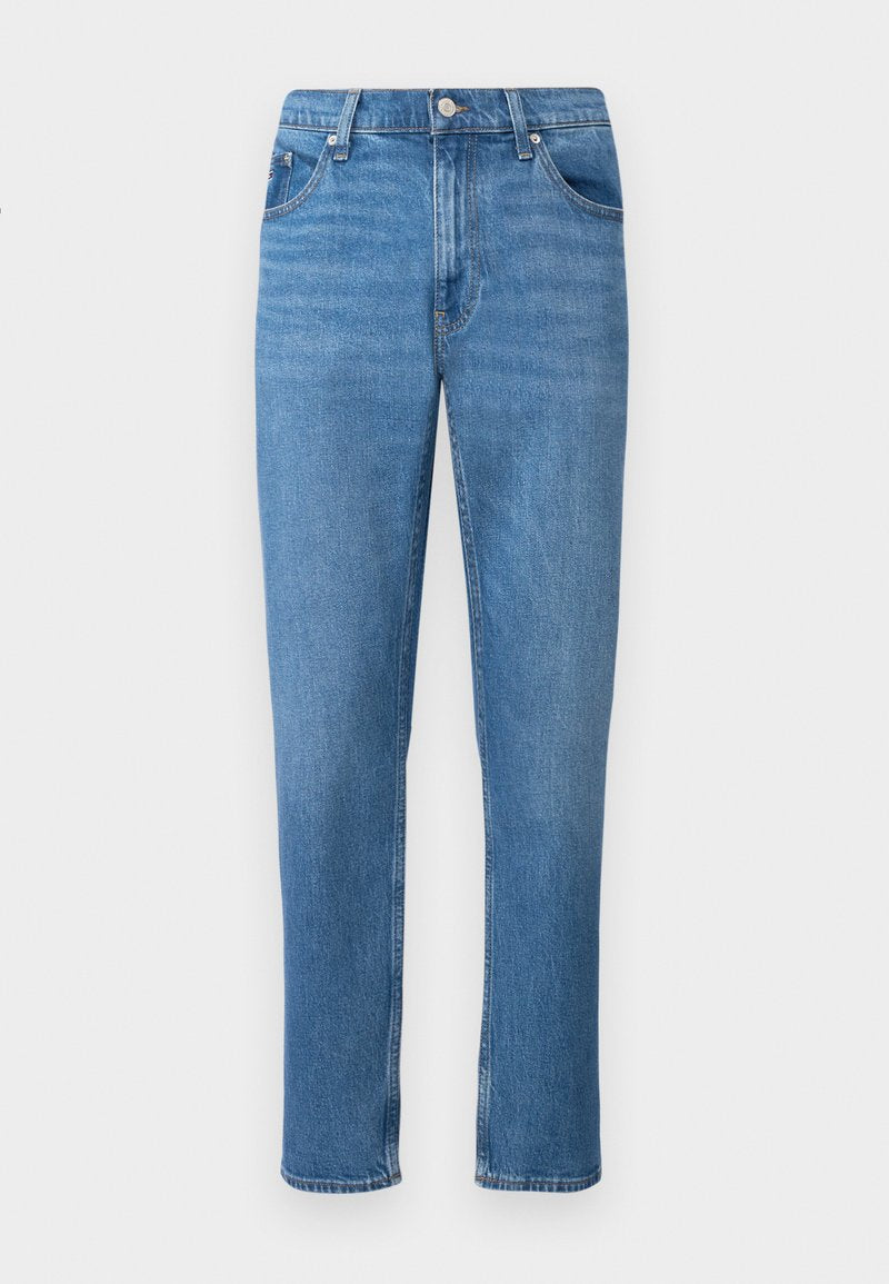 Blaue Denim-Jeans mit geradem Bein-Design, featuring einen klassischen Fünf-Pocket-Stil, einem vorderen Knopfverschluss und subtilen Abriebstellen.