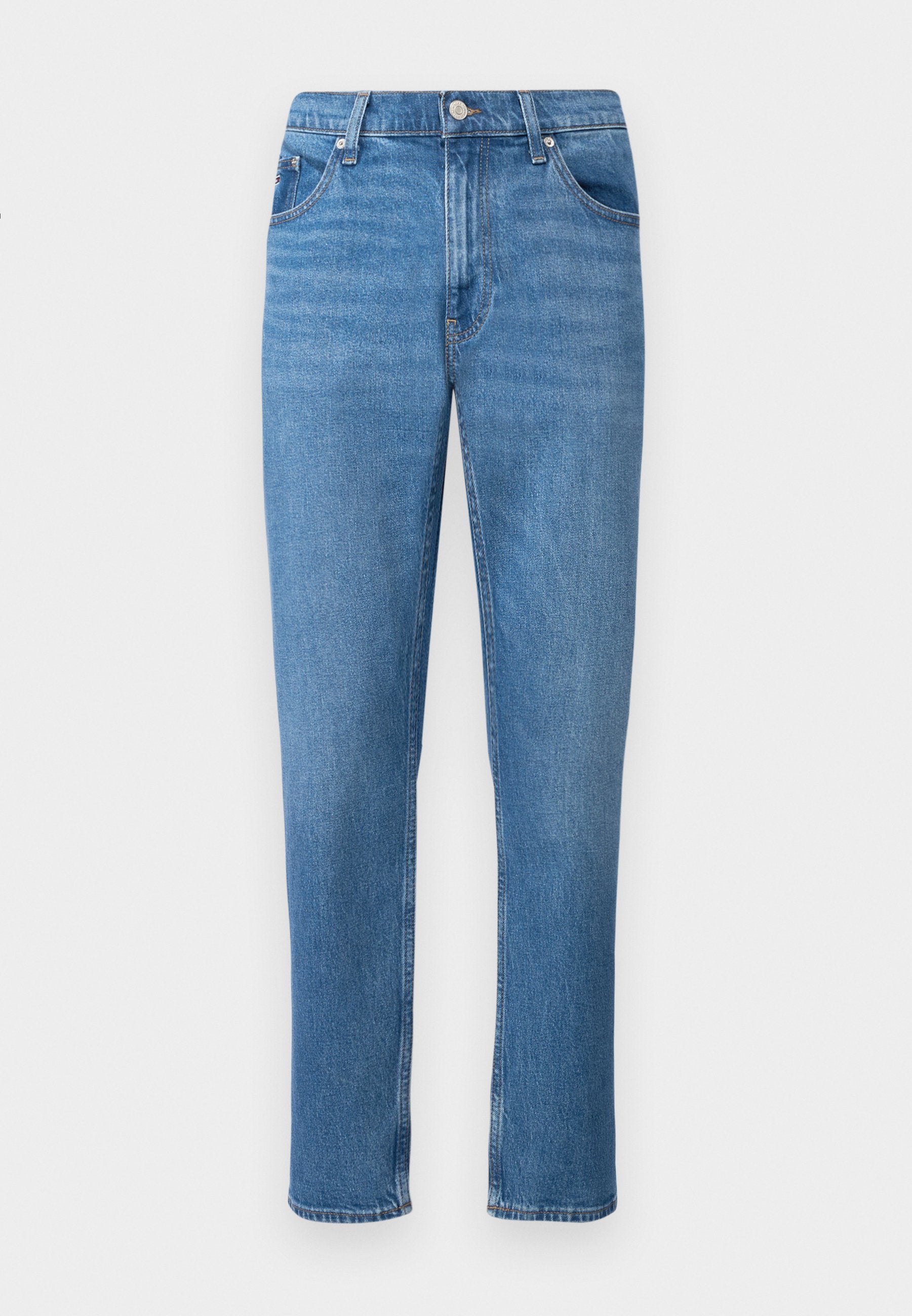 Blaue Denim-Jeans mit geradem Bein-Design, featuring einen klassischen Fünf-Pocket-Stil, einem vorderen Knopfverschluss und subtilen Abriebstellen.