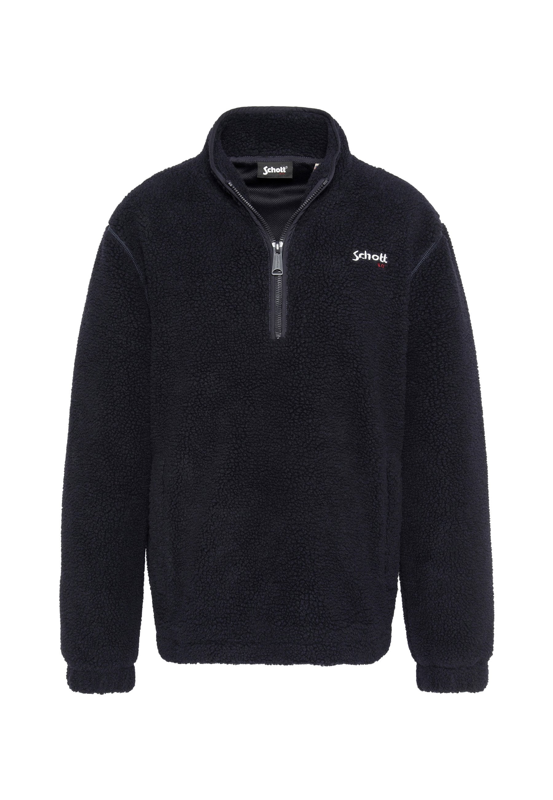 Fleece-Pulloverjacke in Dunkelblau mit halbem Reißverschluss, hohem Kragen und strukturierter Oberfläche, mit Logo auf der oberen linken Seite.