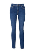 Hoch taillierte, enge blaue Denim-Jeans mit vorderer Knopfleiste, Reißverschluss und Fünf-Taschen-Design.