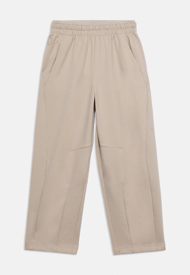 Beige Hosen mit weitem Bein, elastischem Bund und seitlichen Taschen, für die Freizeit konzipiert.