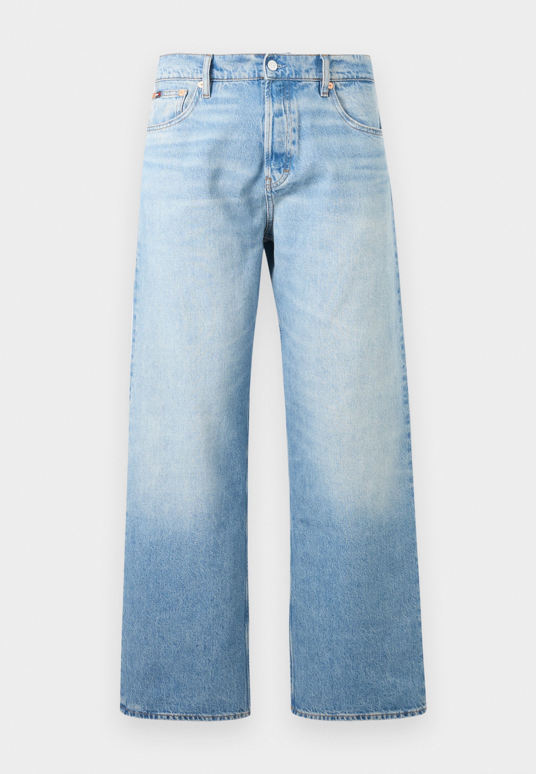 Hellblaue Jeans aus Denim mit hohem Bund, geraden weitem Bein, Fronttaschen sowie Knopf- und Reißverschluss.