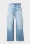 Hellblaue Jeans aus Denim mit hohem Bund, geraden weitem Bein, Fronttaschen sowie Knopf- und Reißverschluss.