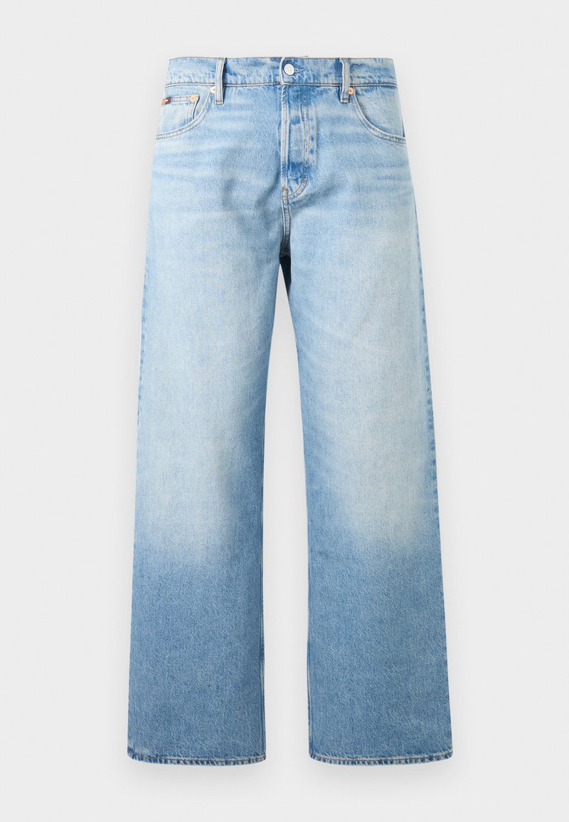 Hellblaue Jeans aus Denim mit hohem Bund, geraden weitem Bein, Fronttaschen sowie Knopf- und Reißverschluss.