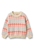 Strickpullover in Creme mit floralem Muster in Rot, Pink und Blau, mit geripptem Rundhalsausschnitt und Bündchen. Lässige Passform.