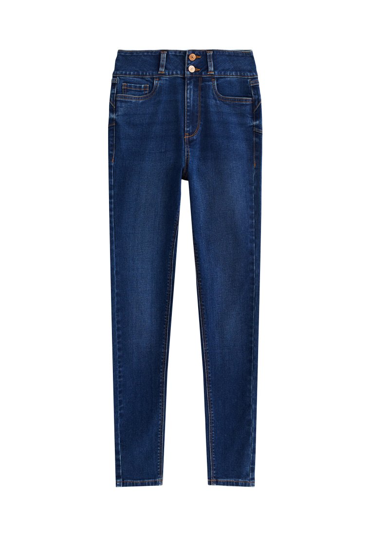 Slim-Fit-Jeans aus dunkelblauem Denim mit glatter Textur, ausgestattet mit zwei Fronttaschen und einem doppelten Knopfverschluss an der Taille.