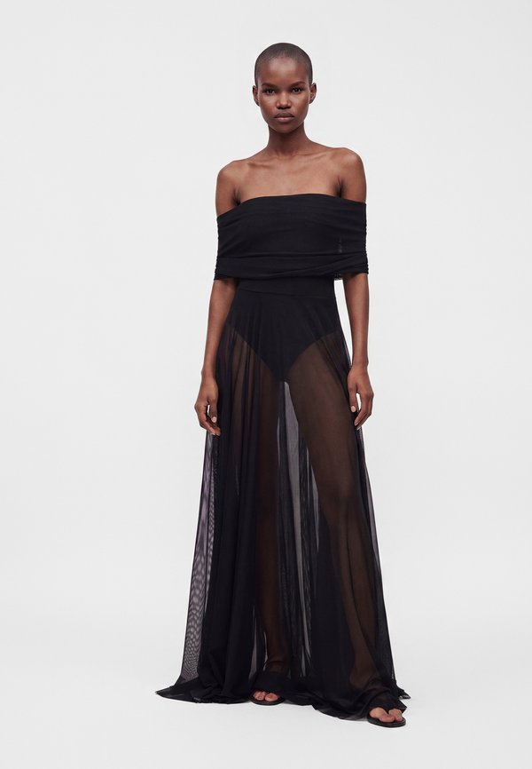 Norma Kamali COWL NECK OFF SHOULDER COMBO FLARED GOWN