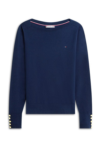 Tommy Hilfiger GOLD-TONE BUTTON JERSEY BOAT NECK JUMPER