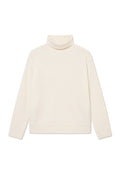 Cremfarbener, gerippter Rollkragenpullover aus weichem Stoff, mit langen Ärmeln und lässiger Passform, mit umgeschlagenem Kragen und Saum.
