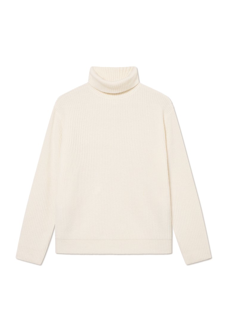 Cremfarbener, gerippter Rollkragenpullover aus weichem Stoff, mit langen Ärmeln und lässiger Passform, mit umgeschlagenem Kragen und Saum.