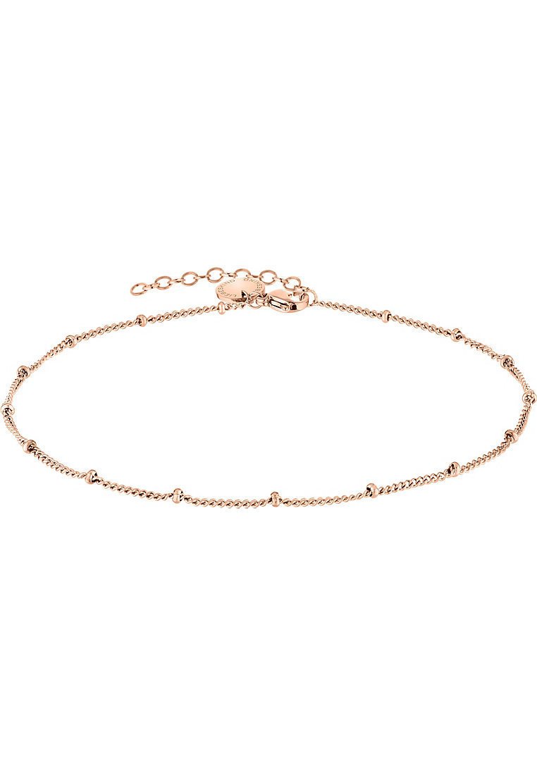 Roségold Fußkette mit einer zarten Kette und kleinen runden Perlen. Enthält einen Karabinerverschluss und eine verstellbare Länge.