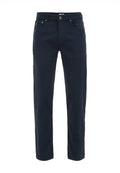 Dunkelblaue Jeans mit geradem Bein, klassischem Fünf-Taschen-Stil und dezenten Nähdetails.