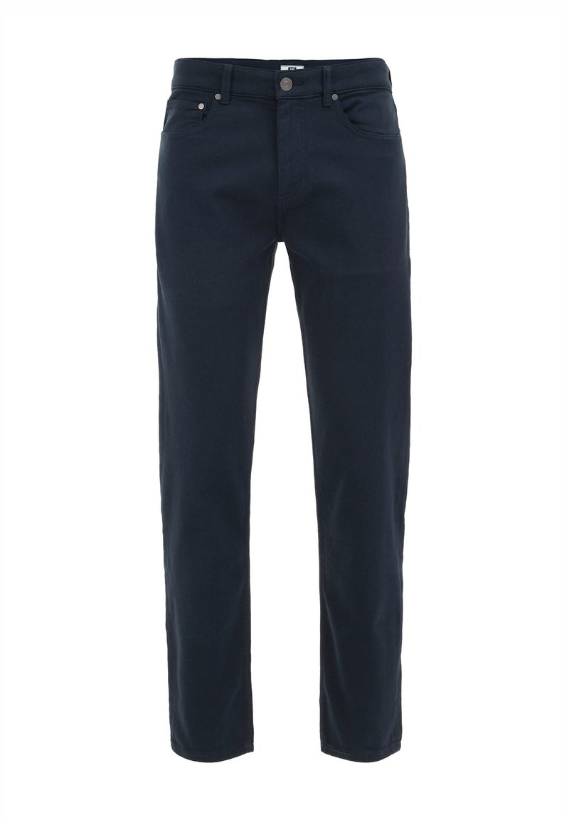 Dunkelblaue Jeans mit geradem Bein, klassischem Fünf-Taschen-Stil und dezenten Nähdetails.