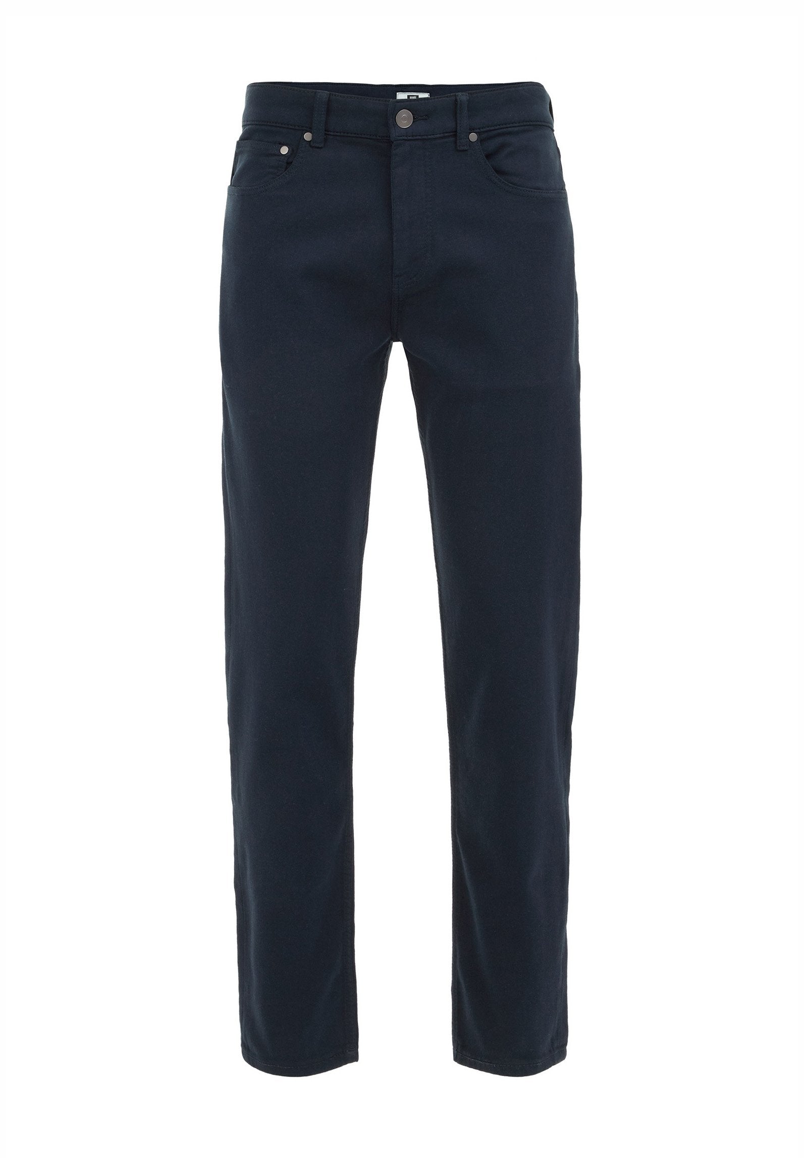 Dunkelblaue Jeans mit geradem Bein, klassischem Fünf-Taschen-Stil und dezenten Nähdetails.