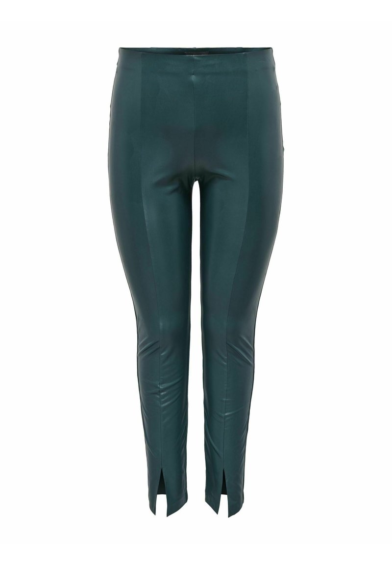 Dunkelgrüne, lederähnliche Slim-Fit-Hosen mit Knöchelriß, elastischem Bund und Nahtdetails auf der Vorderseite.