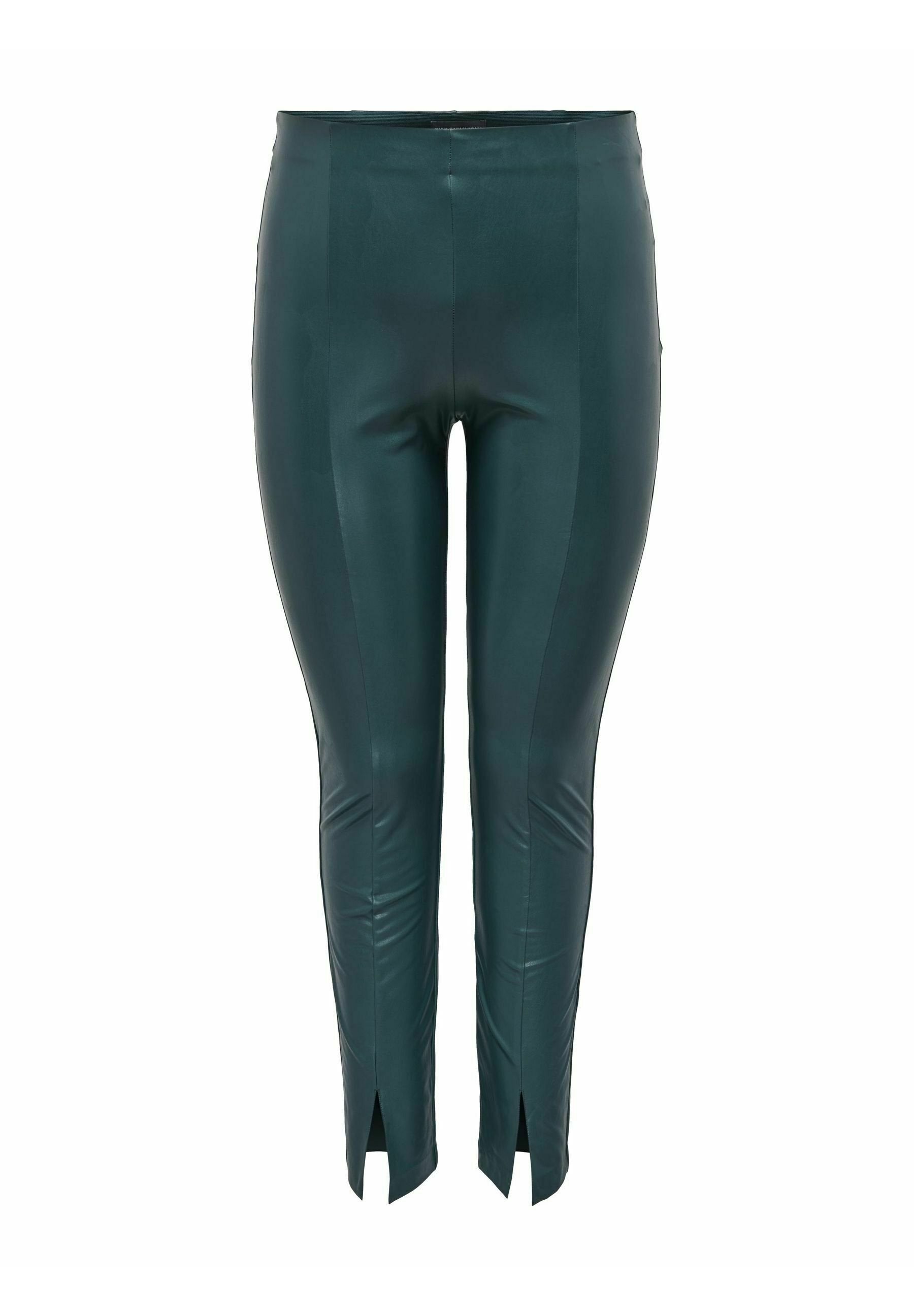 Dunkelgrüne, lederähnliche Slim-Fit-Hosen mit Knöchelriß, elastischem Bund und Nahtdetails auf der Vorderseite.